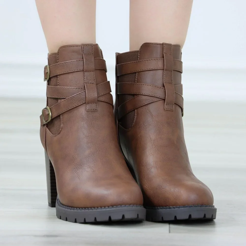 Brown Ankle Boots Chunky Lug Block Heel Synthetic Leather Round Toe - Picture 13 of 13